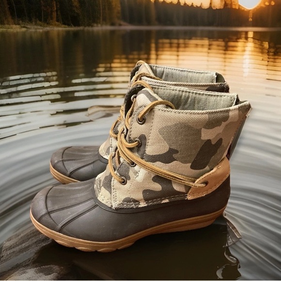 Sperry Camouflage and Brown Duck Rain Boots Sz 6 - Picture 2 of 7
